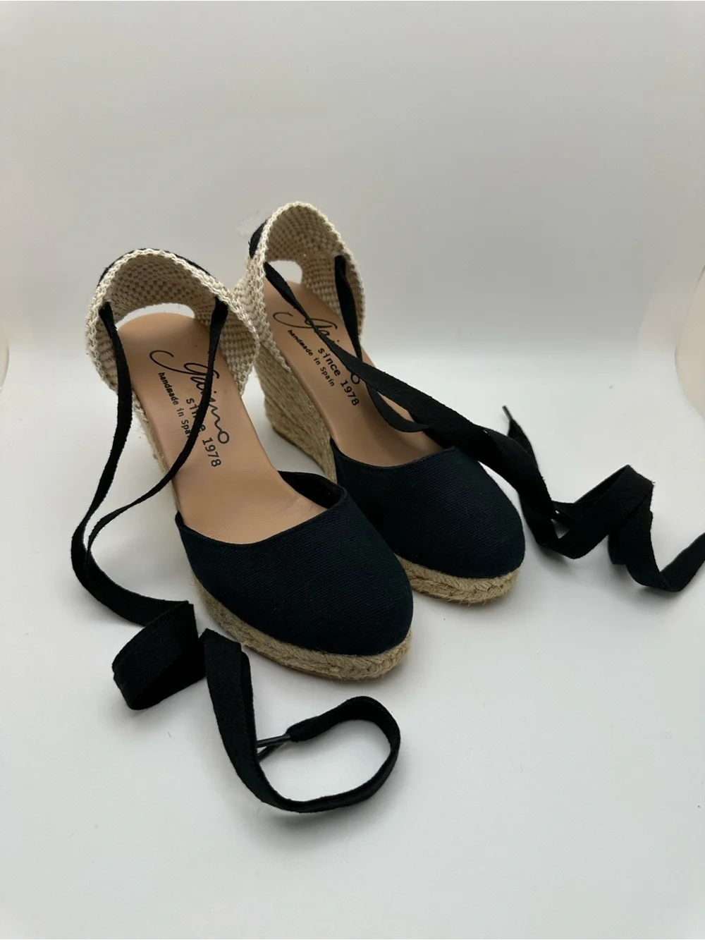 Gaimo Spain Closed Toe Women’s Black Espadrille Wedge Sandals with Ankle Wrap